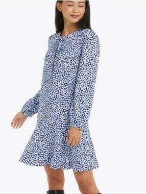 Draper James Rosanne Shift Dress Blue Printed Long Sleeve Ruffle Dress Preppy M